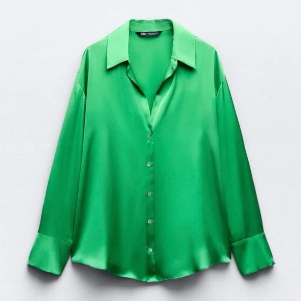 Zara Emerald Green Satin Button-Up Blouse - Picture 2 of 8
